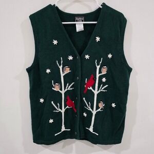 Southern Lady Womens Cardinal Christmas Sweater Vest Size Large Green Winter